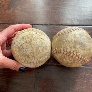 Vintage Leather Softball Lot of 2 Rustic Worn 1970s 80s Prop One Red Stitching